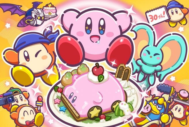 Official art for Kirby's 30th anniversary, featuring Kirby in the center, flanked by friends like Bandana Waddle Dee and Elfilin, all prepared to eat a Carby cake