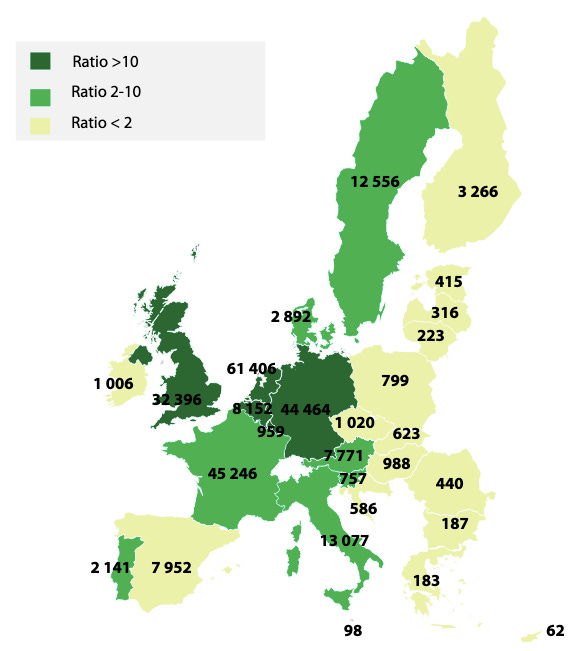 Ratio of charge points to land area, and the number of charge points in different European countries