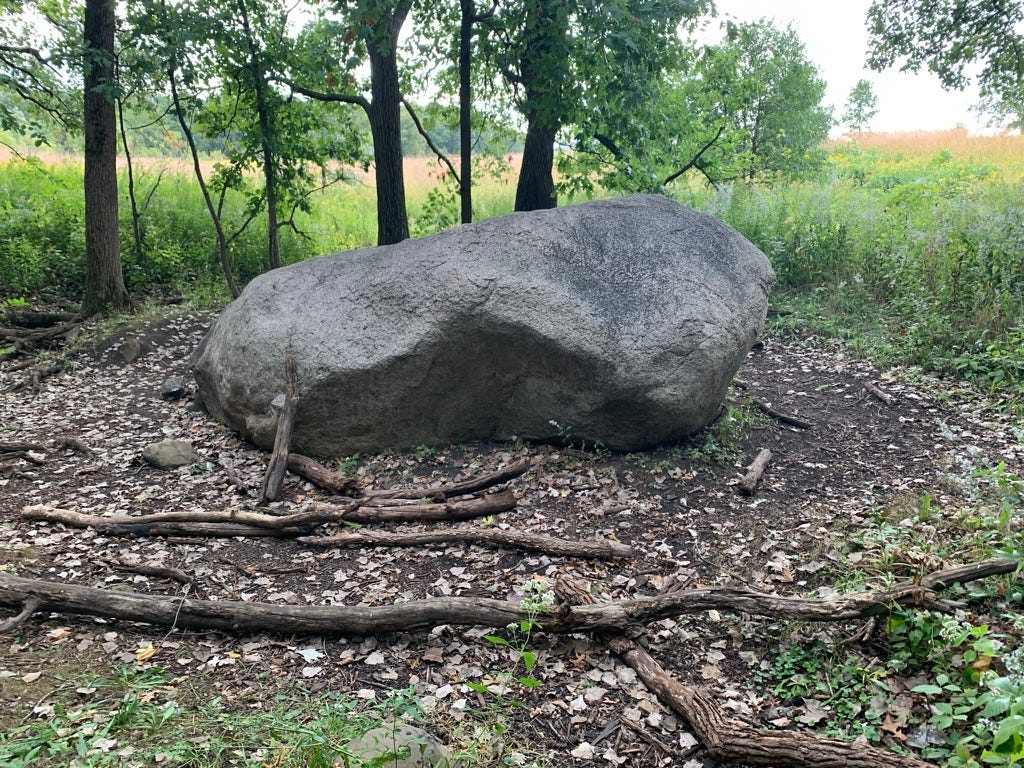 A large boulder in a clearing, with open prairie behind it.