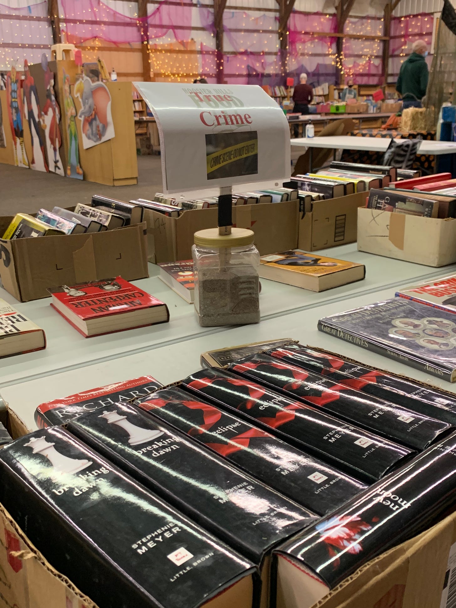 Image of the Twilight books on a table labeled "true crime"