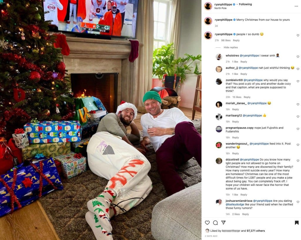 Ryan Phillippe is getting dragged for posting what appeared to be a cozy 'coming out' photo on Instagram.