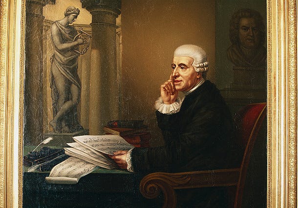 A painting of Haydn seated at a desk with sheet music