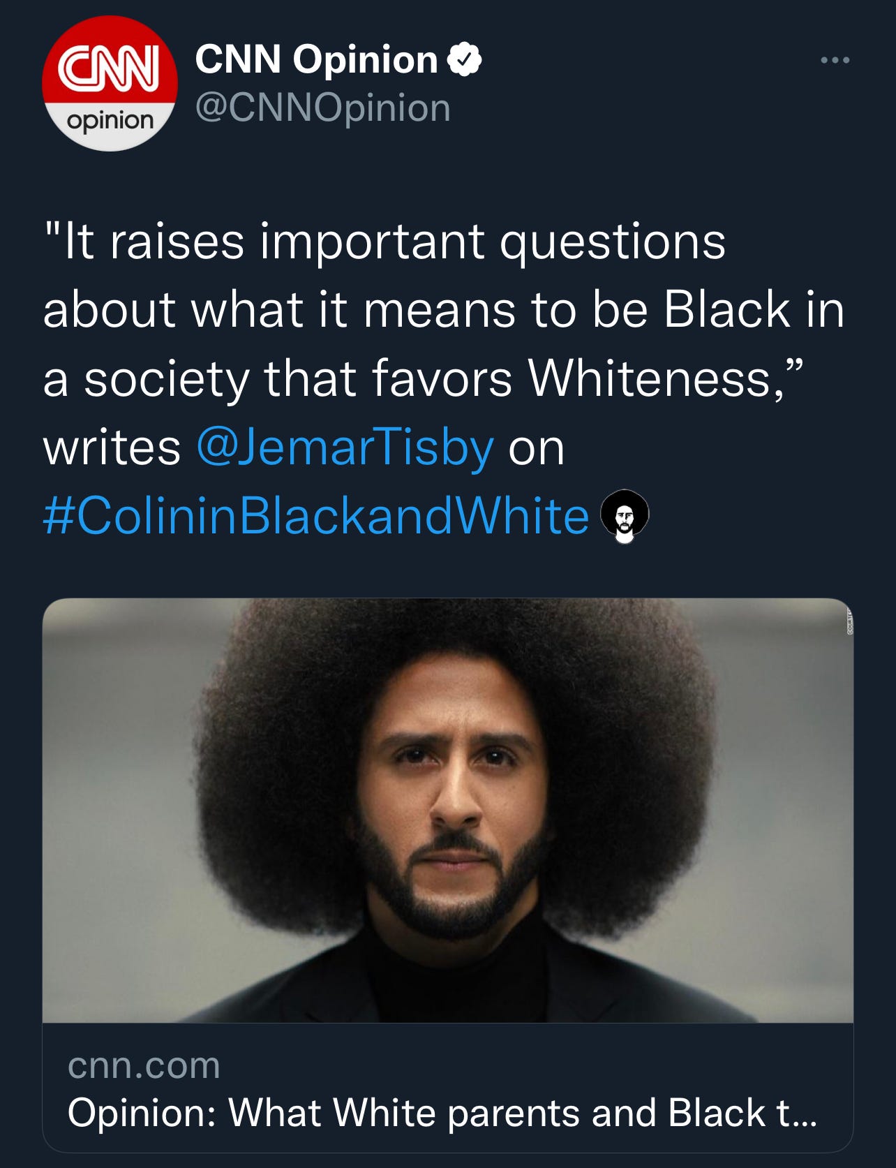 Screenshot of a tweet from Jemar's article about the show Colin in Black and White