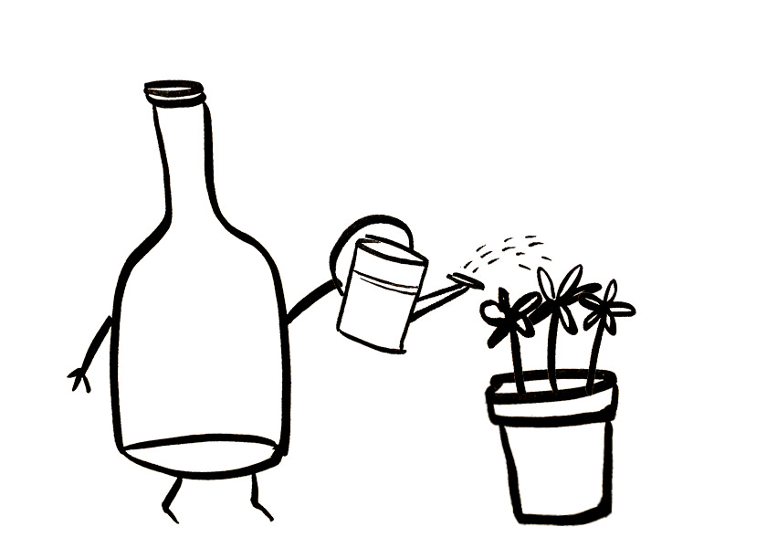 An anthropomorphic wine bottle is watering some potted flowers