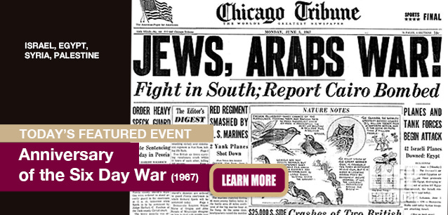 Front page of the Chicago Tribune announcing the beginning of the Six Day War. 