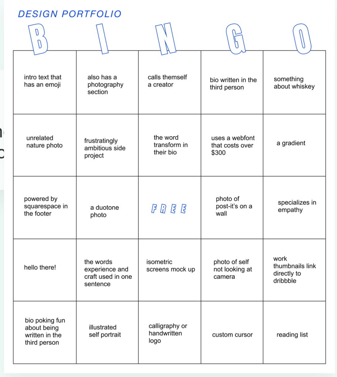 Design portfolio Bingo card