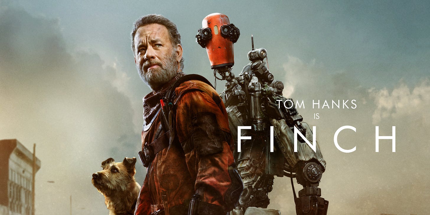 Official poster of Tom Hanks's Finch showing all the casts in the film's apocalyptic setting.