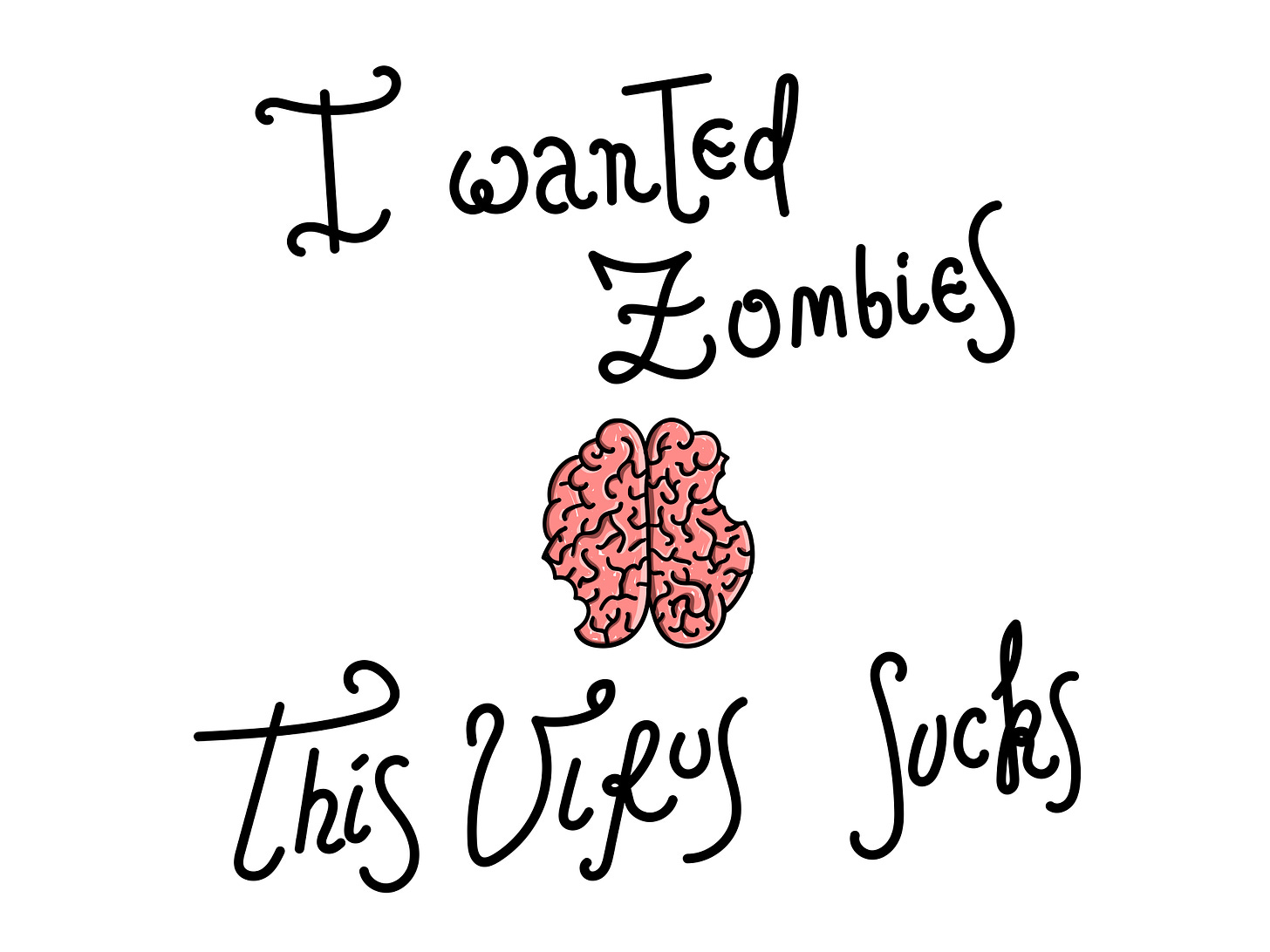 "I wanted Zombies, This virus sucks". Cartoon Postacrd. Brains Doodle simple cute design. White background poster with typographic lettering.
