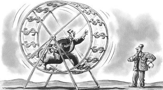 A picture of a man trapped in a rat-wheel chasing dollar signs