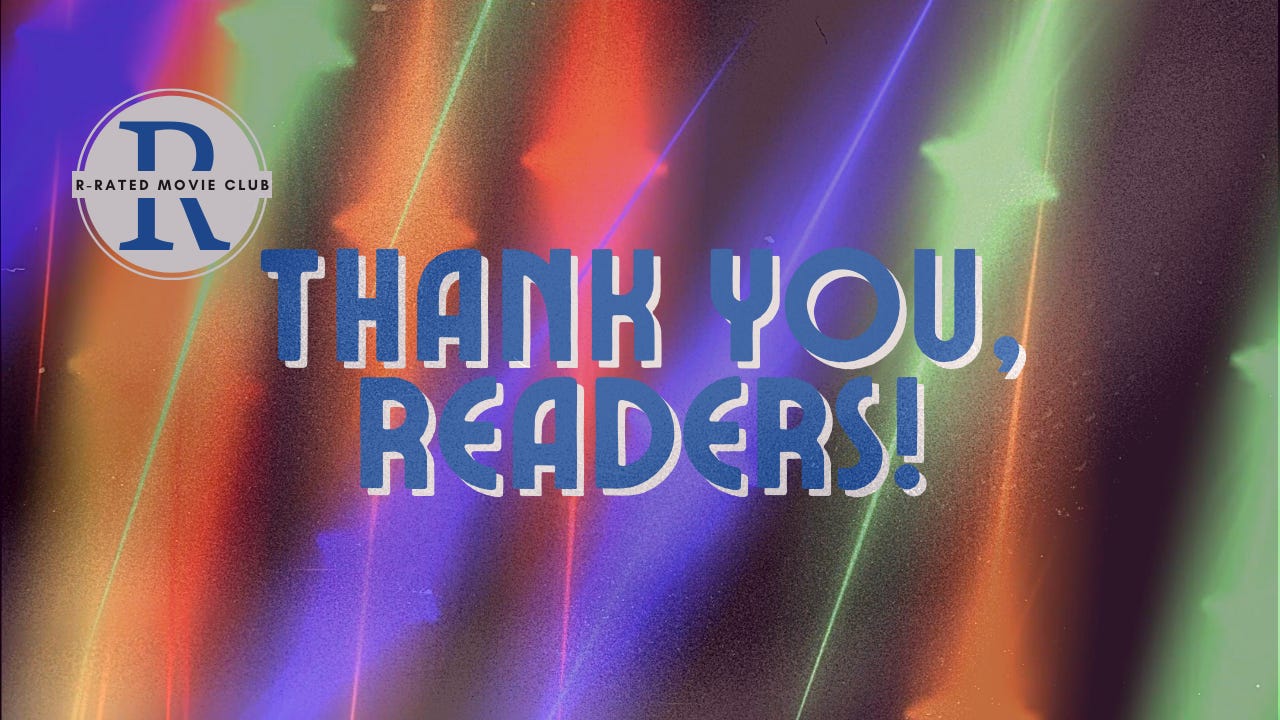 The words Thank You Readers in front of shining stars of orange, green, red, and blue, with scratches and marks all over like an old film strip.