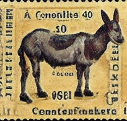 An illustration of a donkey on a stamp.