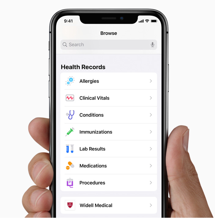 Image of Apple’s Electronic Health Records app as it appears on an iPhone