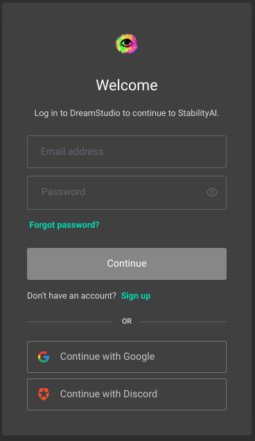 DreamStudio sign-up screen. AI text-to-art generator.