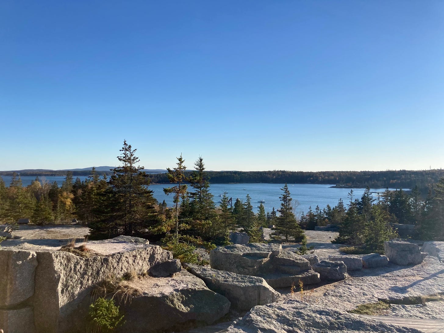 A large excavated area of a granite quarry, with ocean, boats, and cloudless sky in the background. There are evergreens growing throughout the quarry in between the rocks.