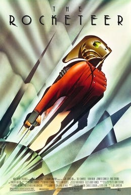 An art deco poster of a man in brass helmet and red jacket, his arms by his sides and his legs obscured by streaks of motion blur