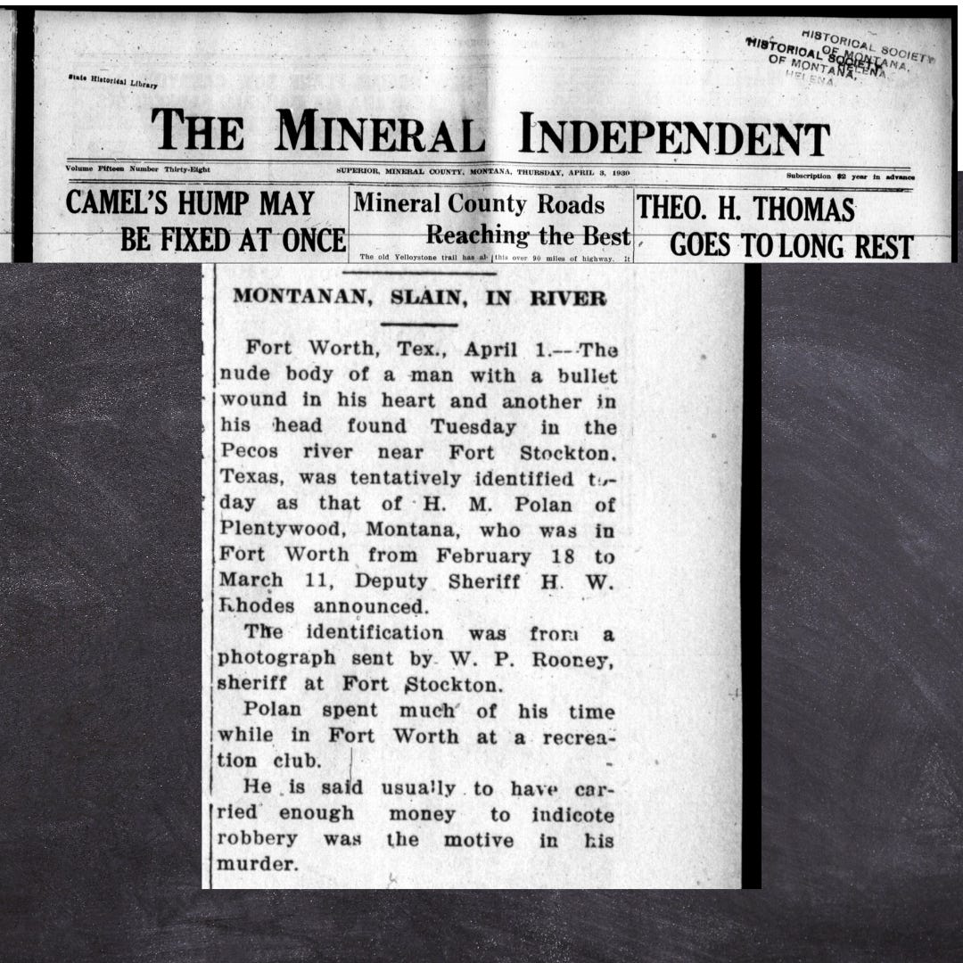 A newspaper article from the Mineral Independent identifying H.M. Polan as the victim of the murder.