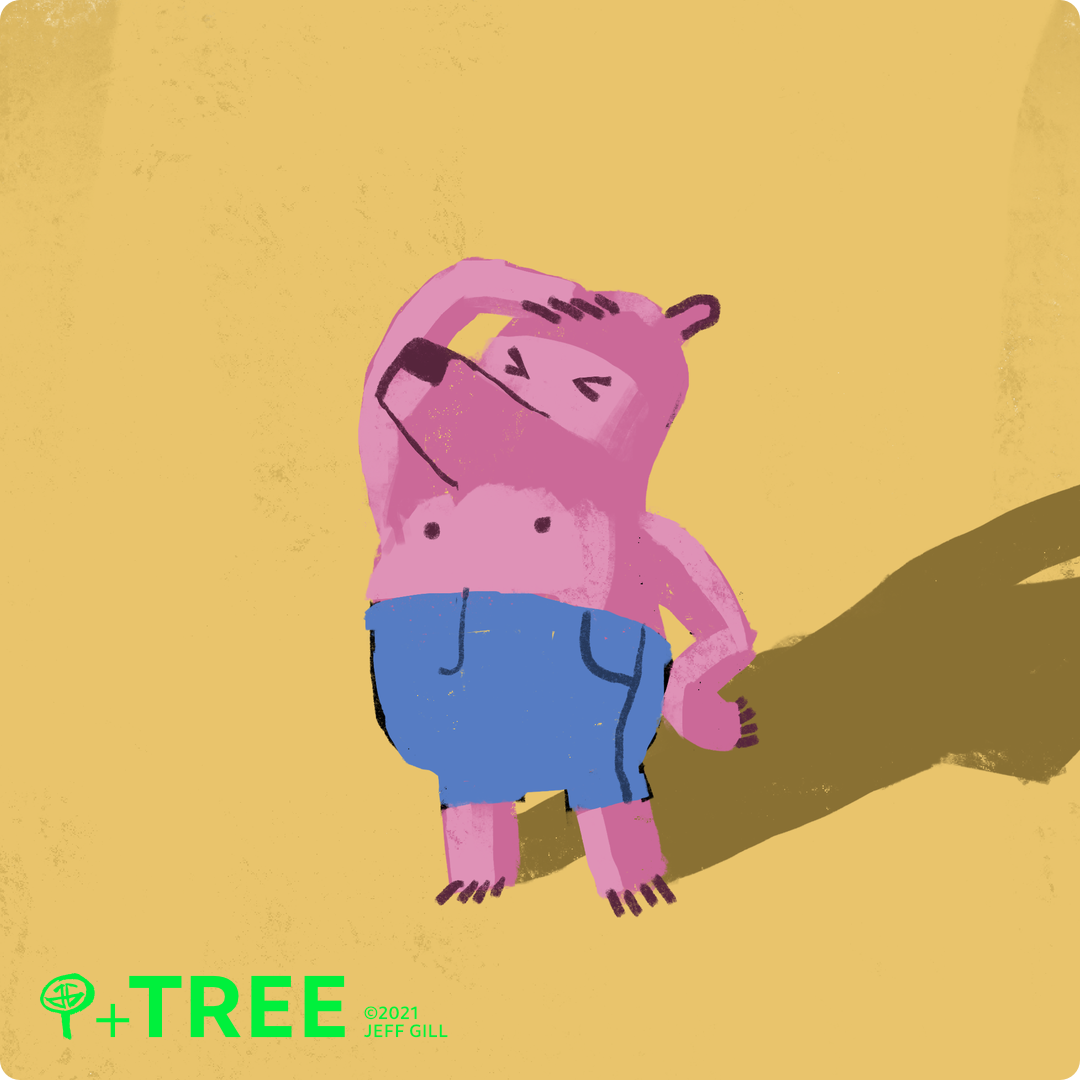 illustration of a pink hairless bear wearing blue shorts squinting at the sky