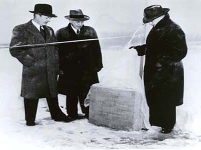 Preparing Cornerstone and Ribbon for Opening of Westchester County Airport, 1945 (P-129)