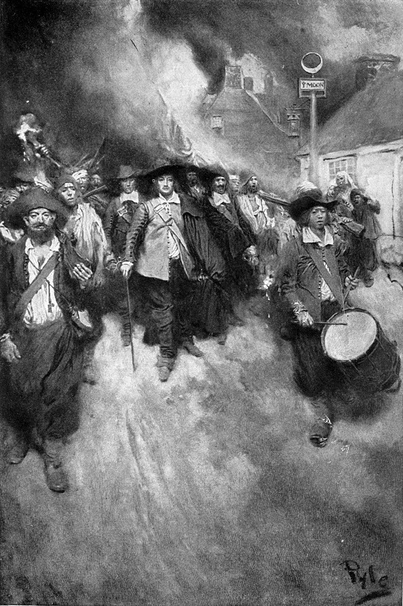 Men marching through burning city