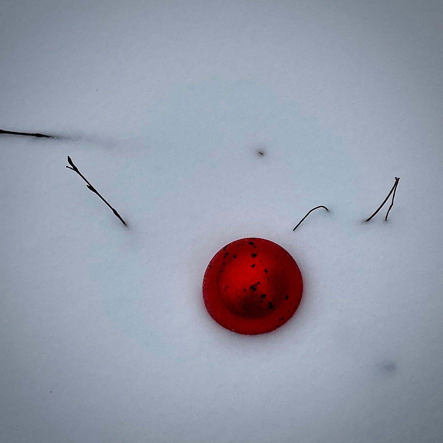 A shiny red ball ornament, half buried in the snow.
