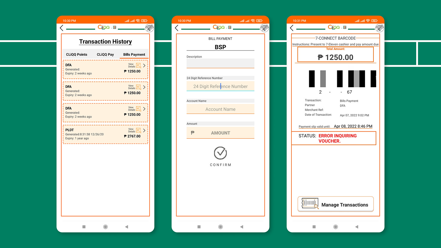 The current Transaction History screen (left), the Bills Payment screen for a specific service (center), and the Transaction Slip screen (right)