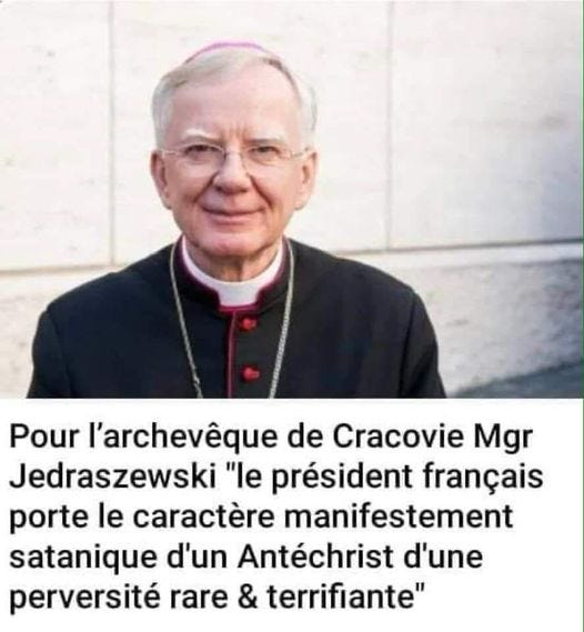 Peut être une image de 1 personne et texte qui dit ’Pour l'archevêque de Cracovie Mgr Jedraszewski "le président français porte le caractère manifestement satanique d'un Antéchrist d'une perversité rare & terrifiante"’