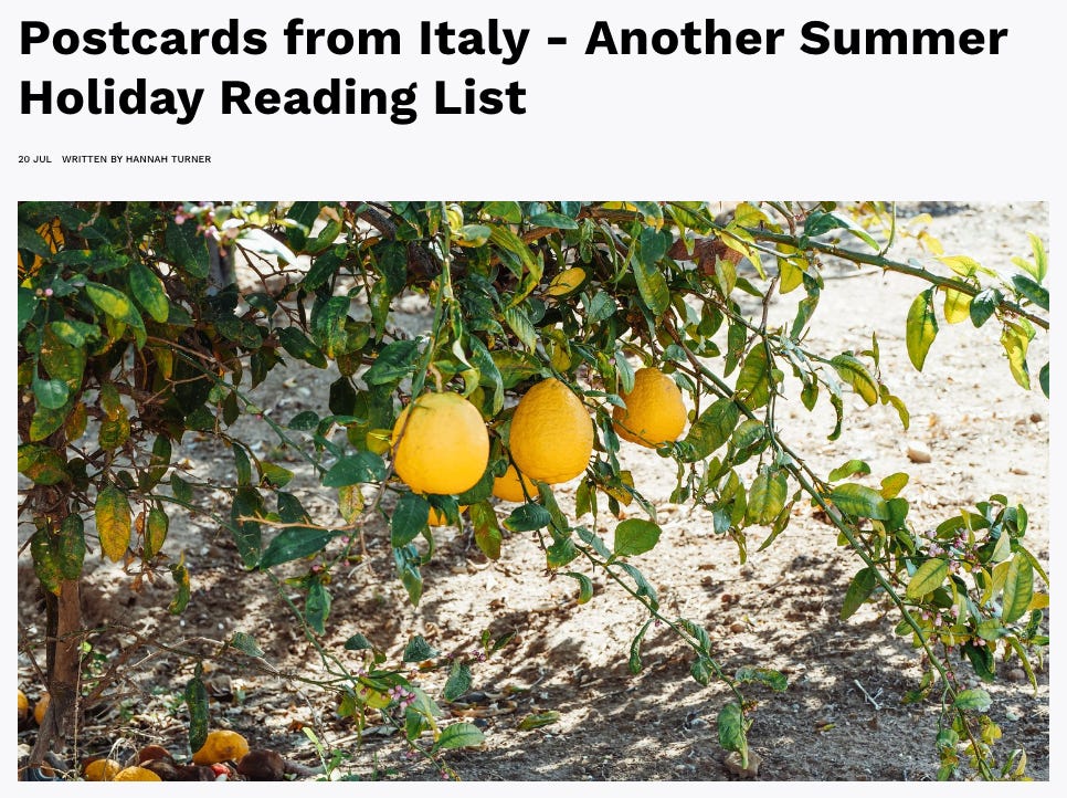 screenshot of bookish website, title font of article with photo of lemon tree with drooping lemons on the branch.