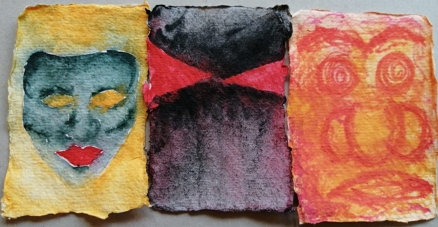 image description: a triptych of small roughly-painted representations of masks. the painting on the left is reminiscent of a theatrical mask - a grey/green face and vivid red lips with yellow eyes bleeding through the eye-holes from the canvas’ yellow background; the middle painting is a closeup of vivid red angular, angry eyes shining through the darkness; the painting on the right is a bulbous-nosed caricature with spiral-eyes and a frowning mouth sketched pencil in red over a watery yellowy-orange background. 