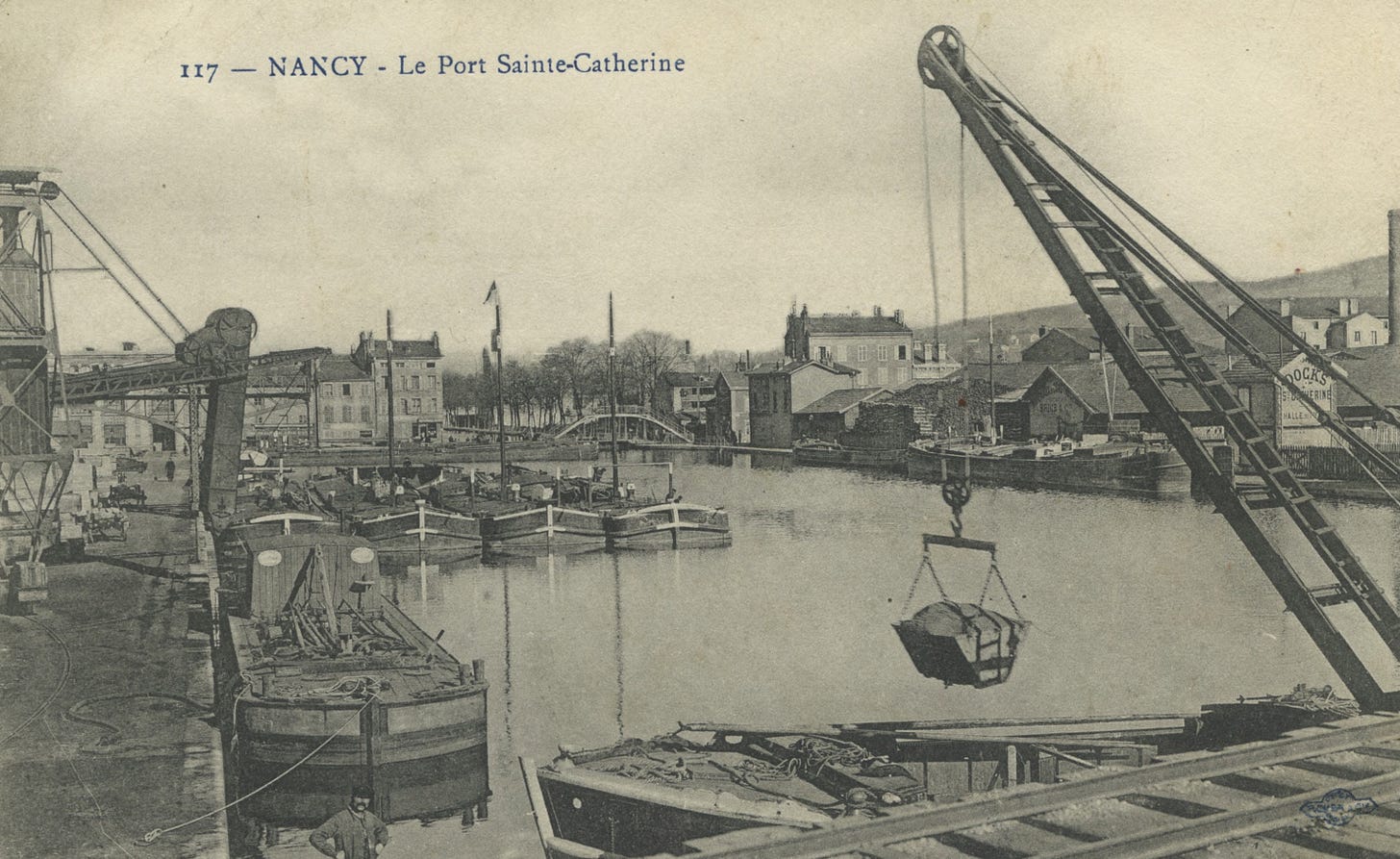 Barges being loaded up in the port of Sainte-Catherine in Nancy, ca. 1904, where much of Fleury's business took place. © Images-Est, FI-0859-1068. https://www.image-est.fr/Fiche-documentaire-Port-Sainte-Catherine-_Nancy_-1284-11512-2-4.html