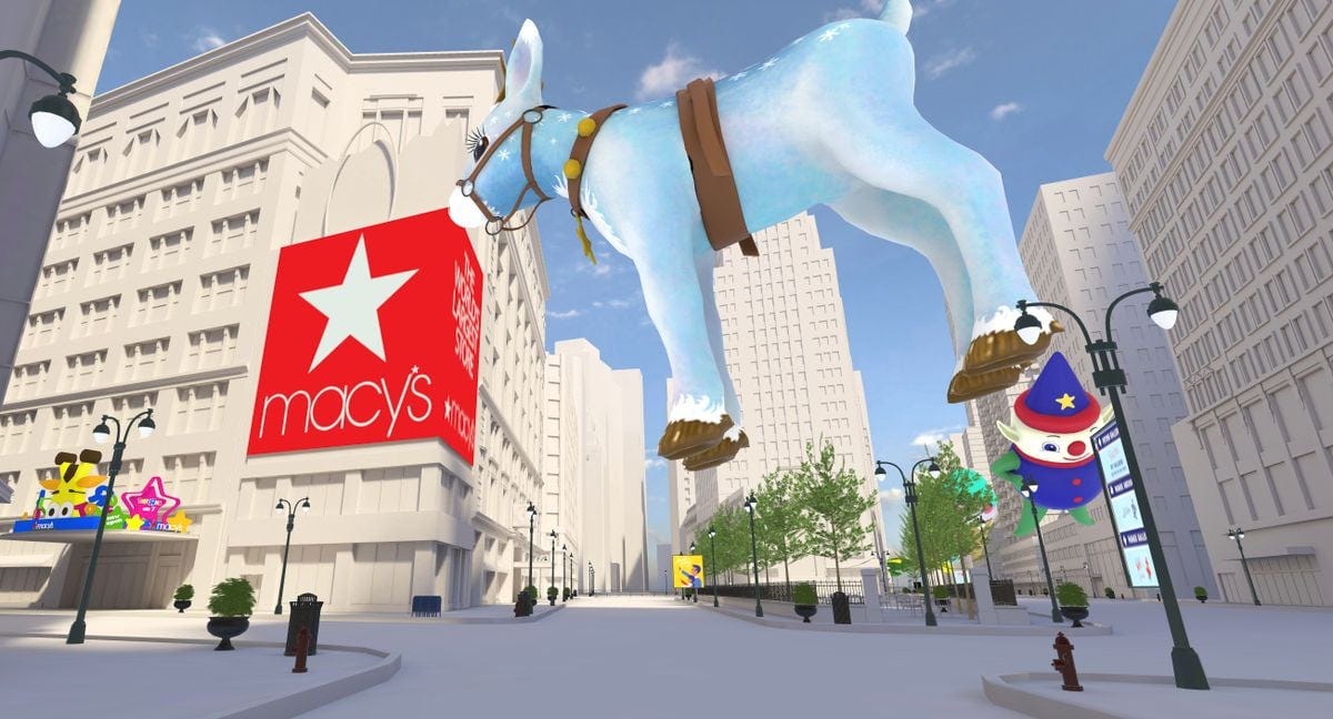 Rendering of the Macy's Day Parade outside of the NYC Macy's store with balloons.