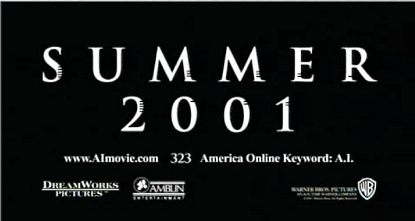 Still from the last frames of the A.I. trailer, featuring the words "SUMMER 2001" with varying numbers of small notches in the sides of each letter.
