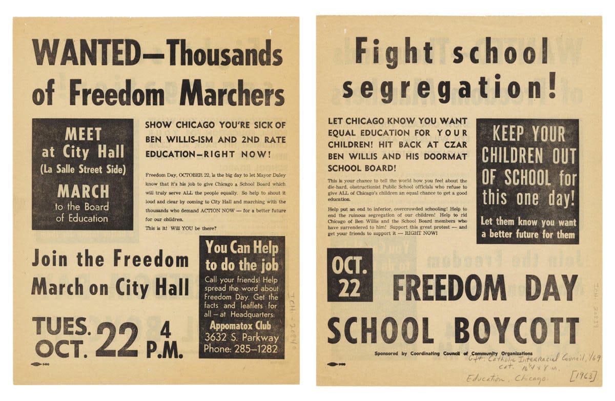 Flyer advertising Freedom Day School Boycott, an event to protest school segregation in Chicago, Illinois, 1963. (Credit: Chicago History Museum/Getty Images)