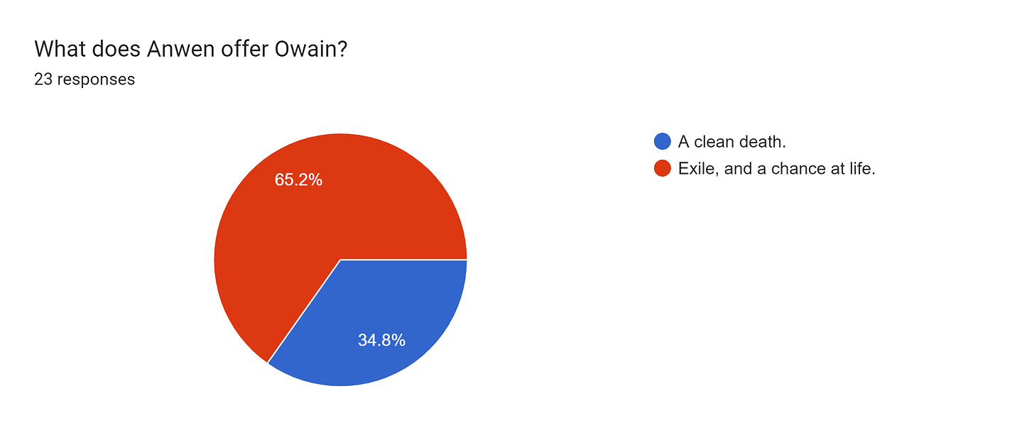 Forms response chart. Question title: What does Anwen offer Owain?. Number of responses: 23 responses.