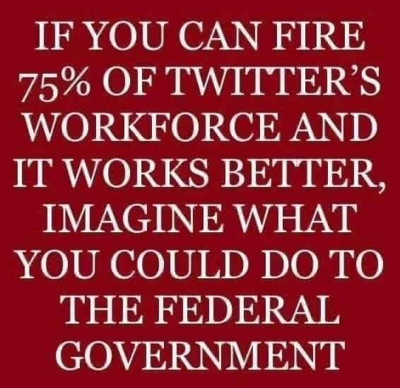 May be an image of one or more people and text that says 'IF YOU CAN FIRE 75% OF TWITTER'S WORKFORCE AND IT WORKS BETTER, IMAGINE WHAT YOU COULD DO TO THE FEDERAL GOVERNMENT'