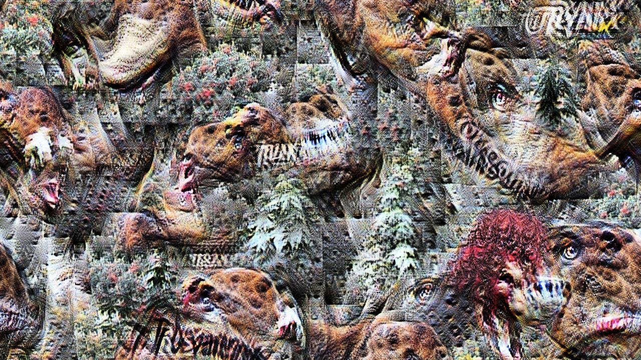 There are some brown shapes that might be tyrannosaurus heads, definitely far too many baleful eyes, and maybe some foliage. Not sure what the swaths of lumpy red are. There's illegible writing everywhere.