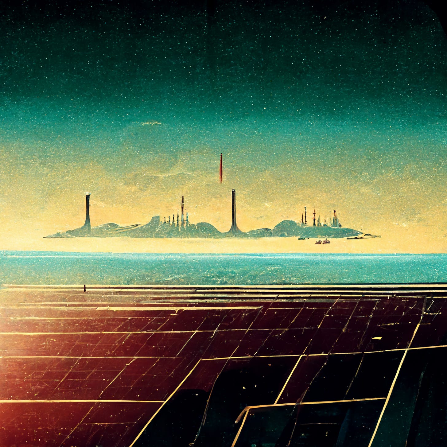 Peaceful world built around nuclear energy 80s style retrofuturism
