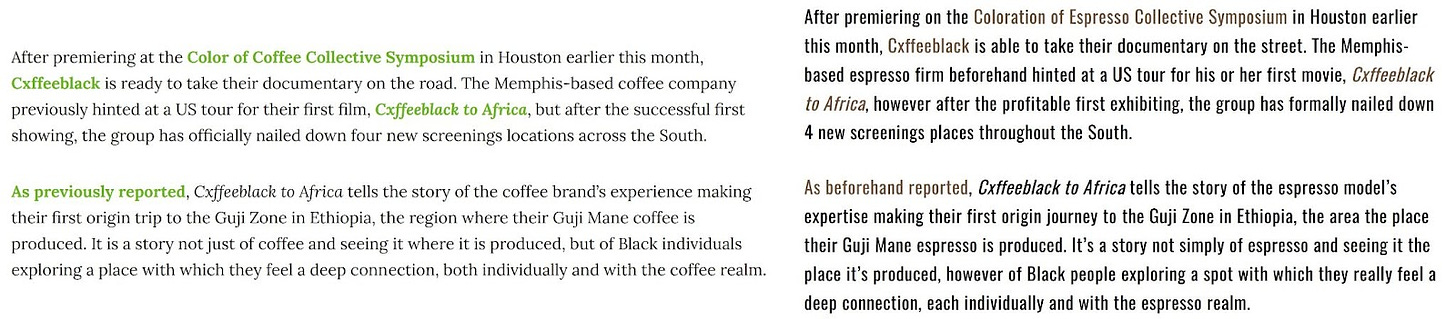 Two screenshots of text from Sprudge’s article (left) and paraphrased by Barista Speech (right). 