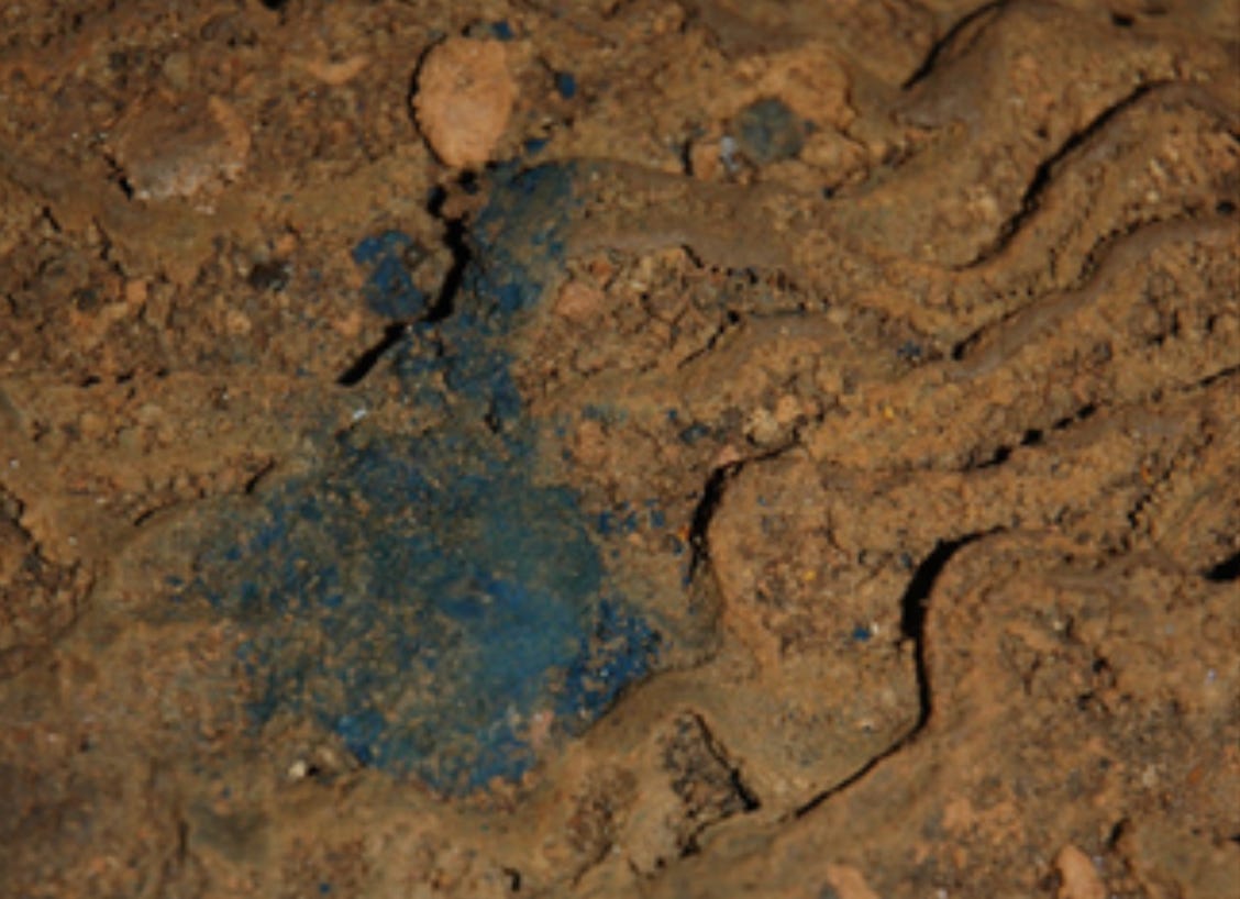 Maya blue pigment deposit, Midnight Terror Cave. Photograph by Melanie Saldaña [Colour figure can be viewed at Chan, Brady, Cummings 2022]. 