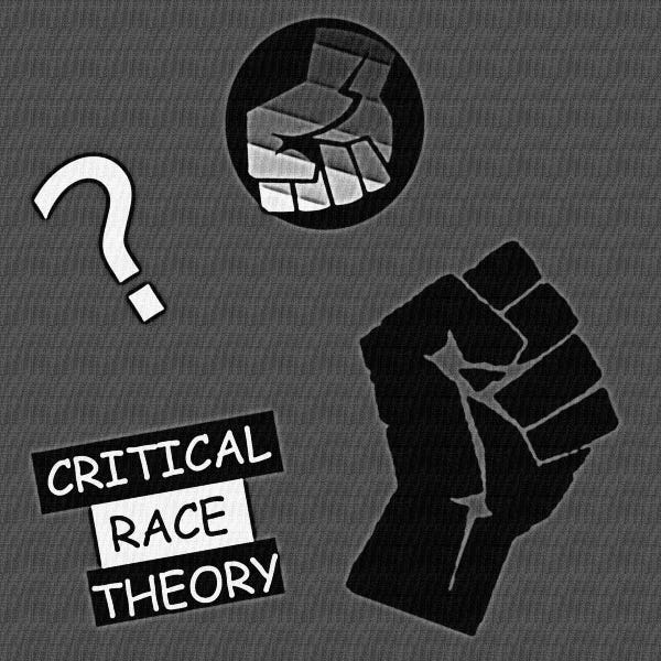 Grayscale image of a solid fist, striped fist, a question mark, and the phrase “CRITICAL RACE THEORY.”