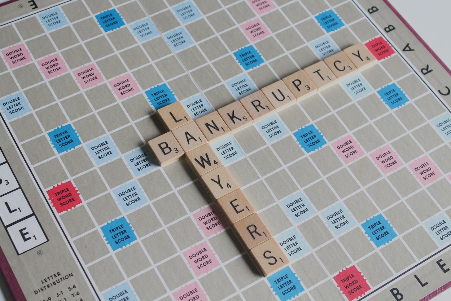 Board with words laid out Lawyers and Bankruptcy