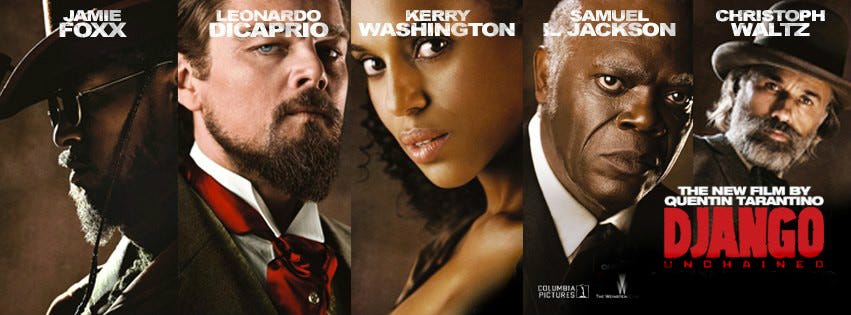 This pentaptych collects five one-sheet character posters from Quentin Tarantino's 2012 film Django Unchained into one image. From left to right are Django Freeman (played by Jamie Foxx), Calvin Candie (played by Leonardo DiCaprio), Broomhilda von Shaft (played by Kerry Washington), Stephen (played by Samuel L. Jackson), and Dr. King Schultz (played by Christoph Waltz). This pentaptych collects five one-sheet character posters from Quentin Tarantino's 2012 film Django Unchained into one image. From left to right are Django Freeman (played by Jamie Foxx), Calvin Candie (played by Leonardo DiCaprio), Broomhilda von Shaft (played by Kerry Washington), Stephen (played by Samuel L. Jackson), and Dr. King Schultz (played by Christoph Waltz).