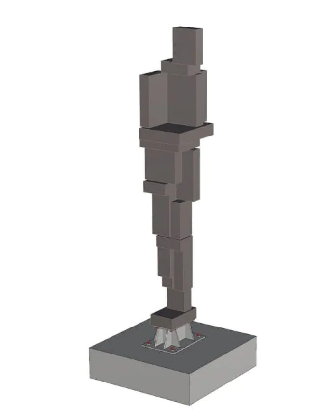 Mockup of an abstract, human-shaped block statue by Antony Gormley.