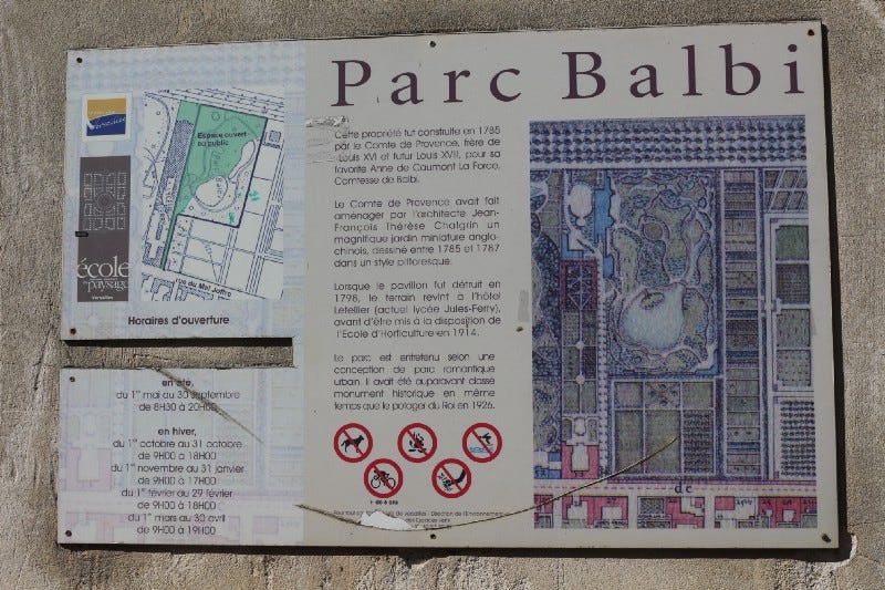 Information plaque of Parc Balbi, Versailles, France