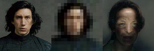 Left: Kylo Ren from the shoulders up. Center: highly pixelated (16x16) version of the previous image. Right: Where Kylo’s cheekbones were, there’s now voldemort-like eyes. Where his chin was, is now the upper lip of someone whose lower face is lost in shadow.