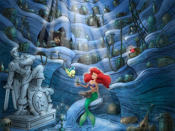 Ariel, the little mermaid, in her cavern of treasures under the sea