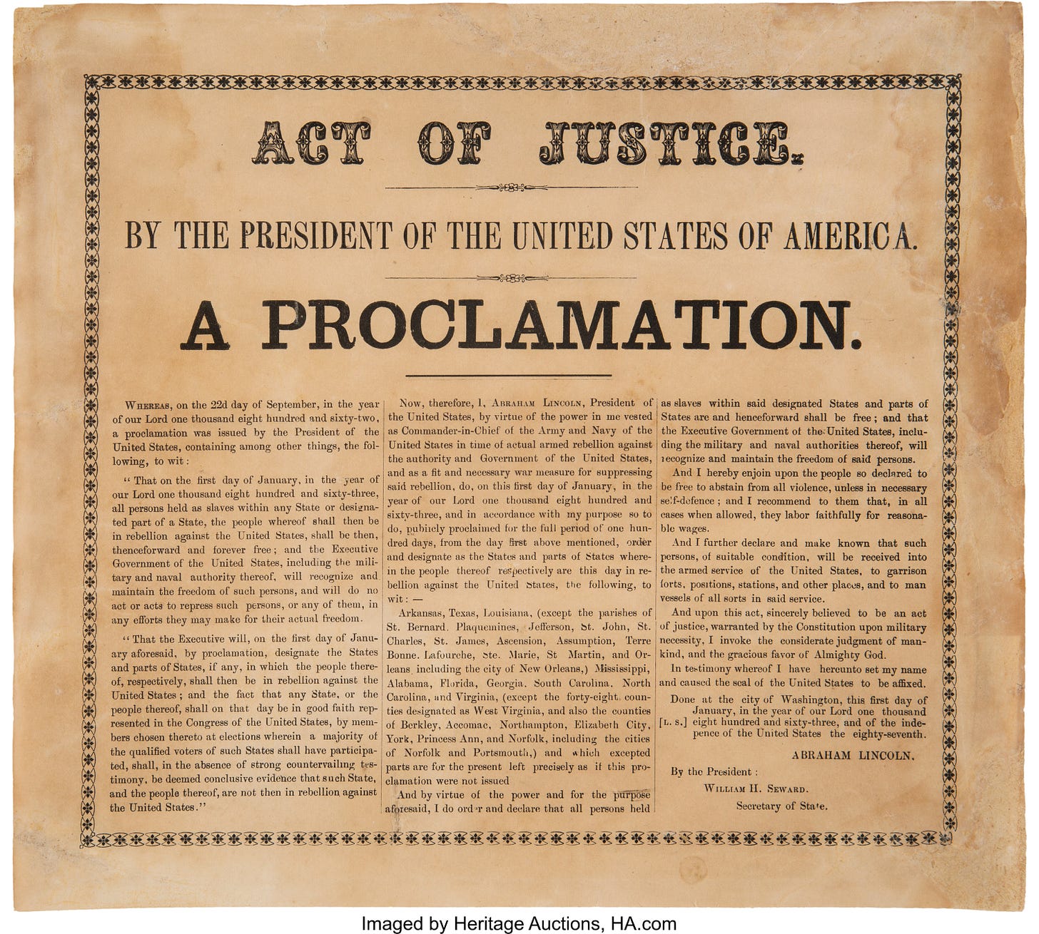 Abraham Lincoln]. Emancipation Proclamation Printed Broadside.... | Lot  #47057 | Heritage Auctions