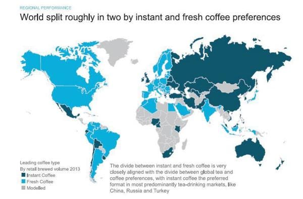 Де в світі п'ють розчинну каву (темний колір) і де її варять (блакитний)