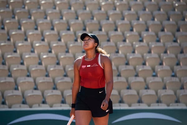 Naomi Osaka during practice on qualifying week at Roland Garros on May 28, 2021 in Paris.