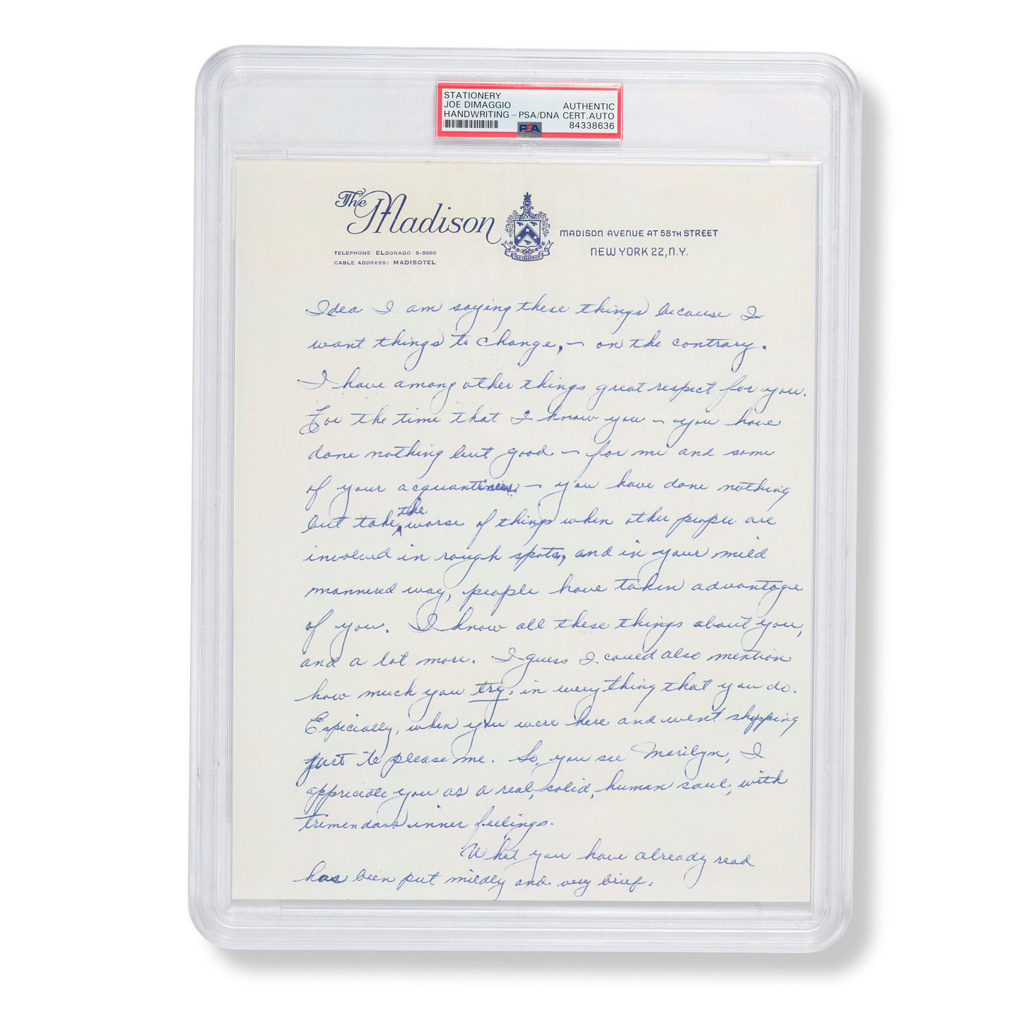 Rare 1952 Joe DiMaggio Autographed Handwritten Letter to Marilyn Monroe  (PSA/DNA)