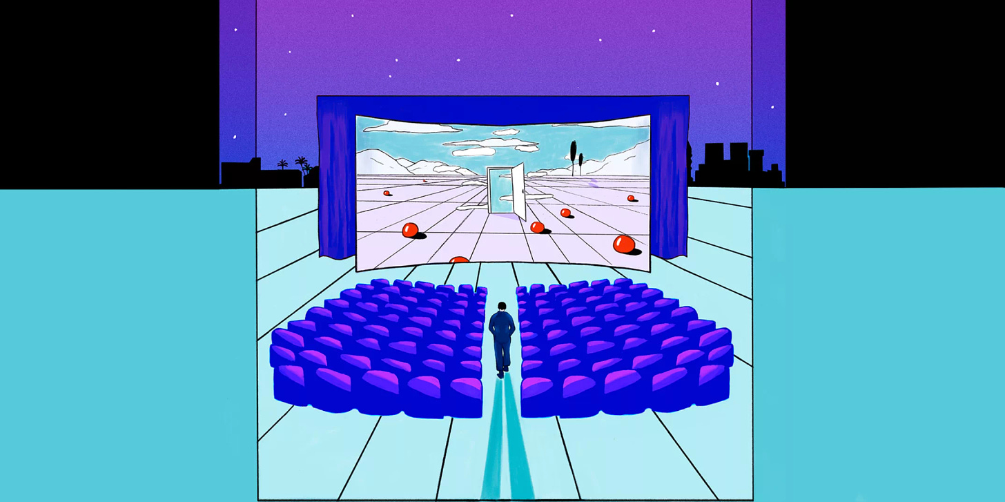 Artwork van Op de vijfde rij. Het is een illustratie in blauw/paarstinten van een buitenlucht bioscoopzaal waar iemand in een zwart pak door de stoelen heen loopt. Op het scherm zie je een geopende deur in een abstract landschap.